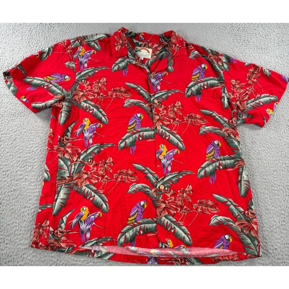 Paradise Found Hawaiian Shirt Men's Large Red Palm Leaf Rayon Short Sleeve